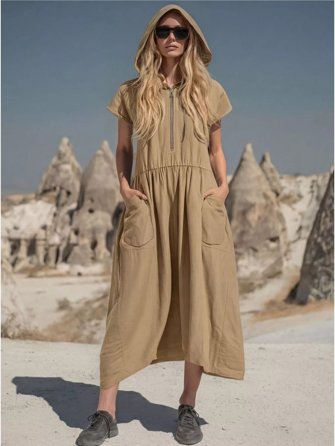 Khaki hooded midi dress with front zipper and patch side pockets