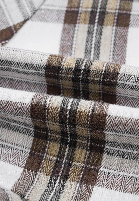 Plaid shirt dress fabric in white with brown and gray check pattern