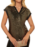 Sequin Notched Cap Sleeve Blouse in gold with black neckline trim