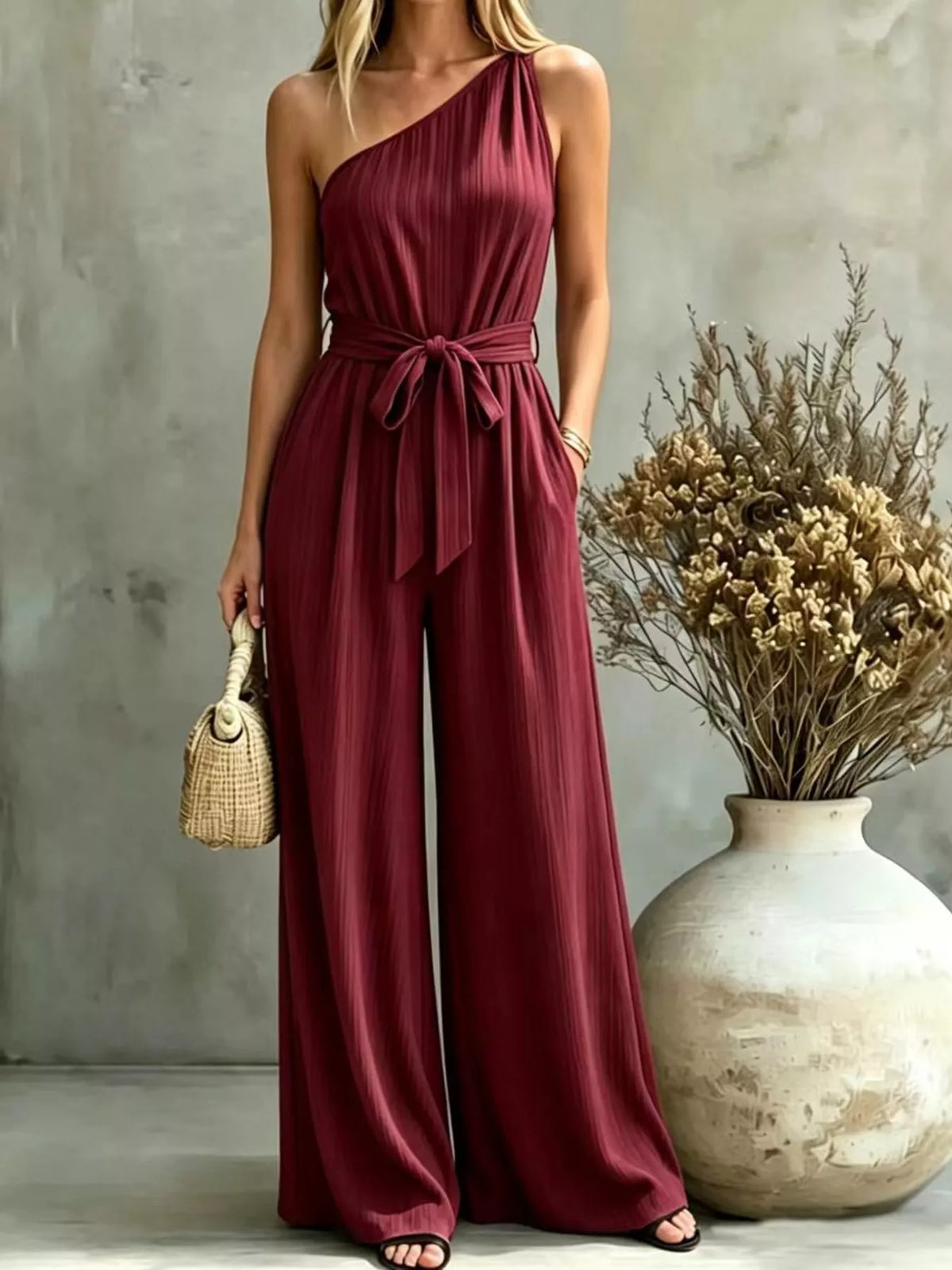 Burgundy one-shoulder pleated wide-leg jumpsuit with waist tie