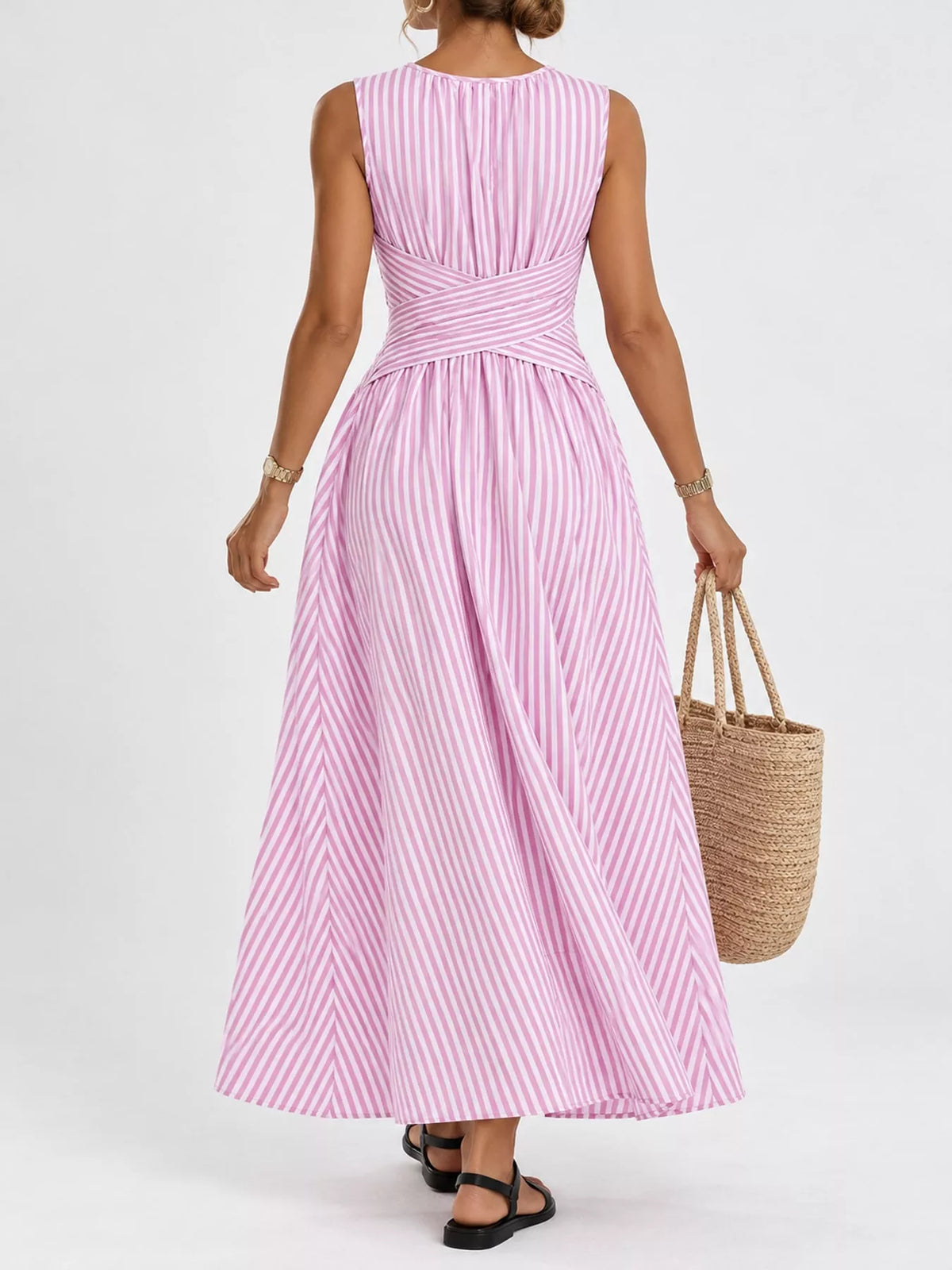 Pink striped sleeveless maxi dress with crisscross waist and pleated A-line skirt