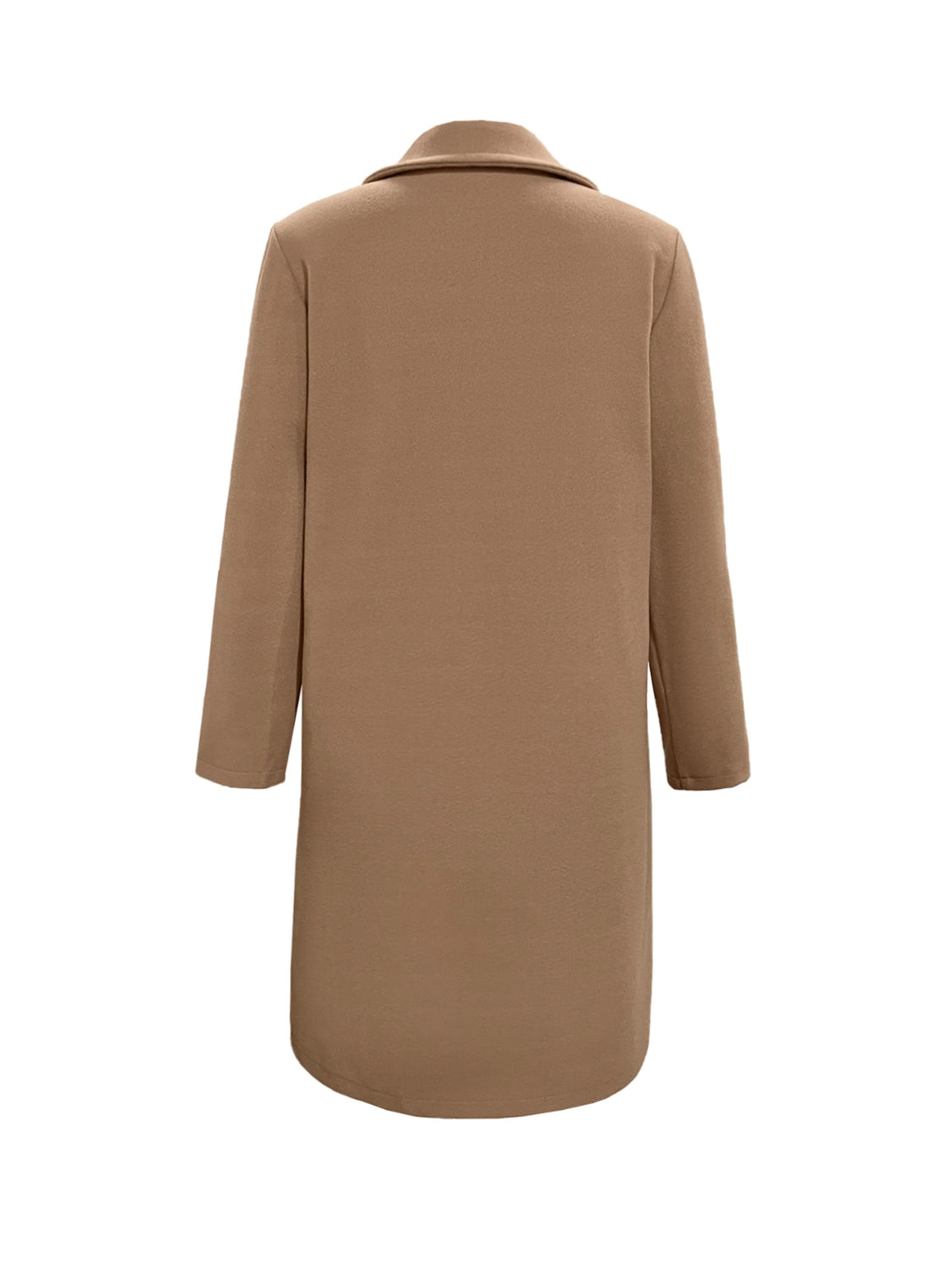 Camel long coat, back view with stand collar and long sleeves