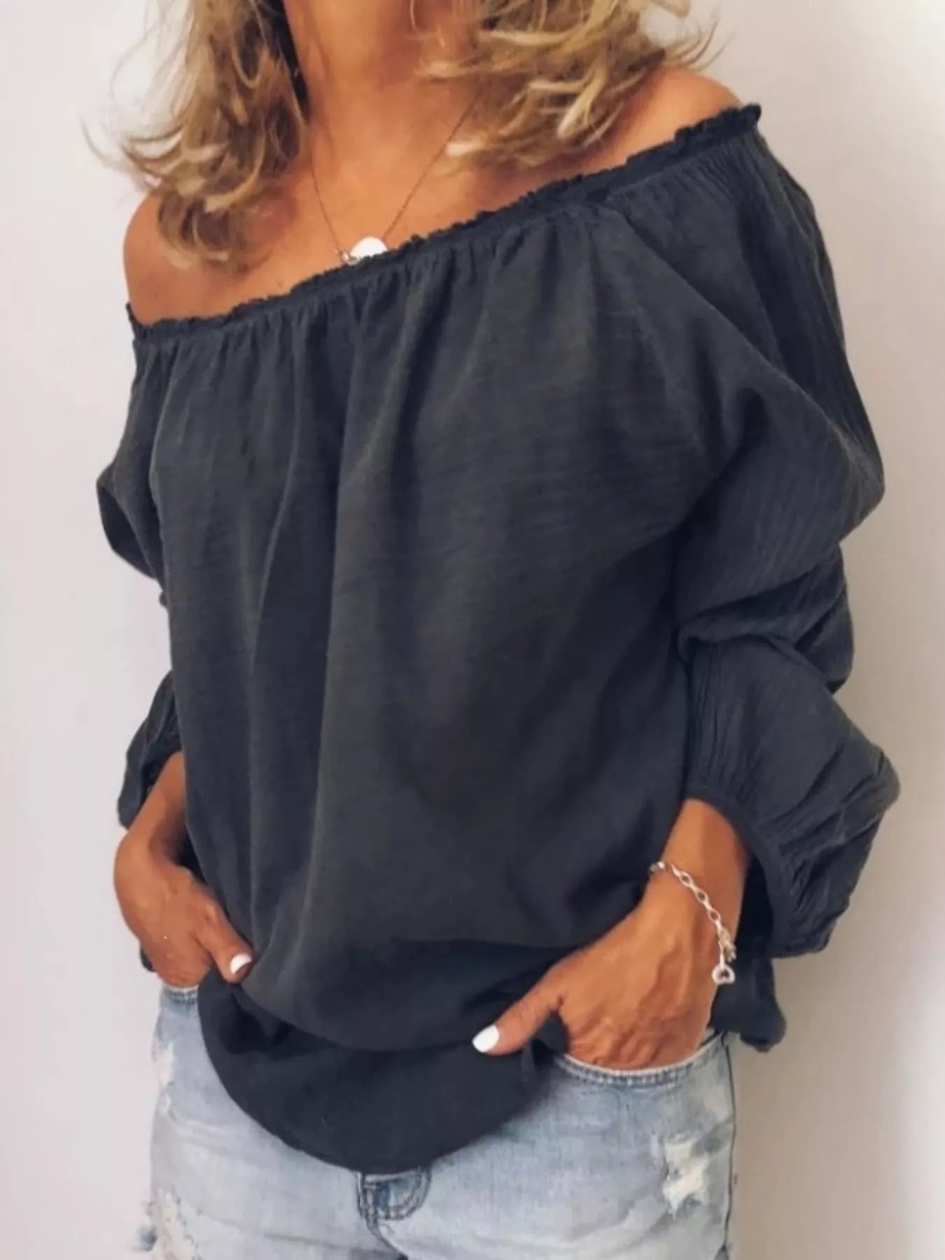 Off-shoulder frill-trim blouse in dark gray, gathered neckline, long puff sleeves