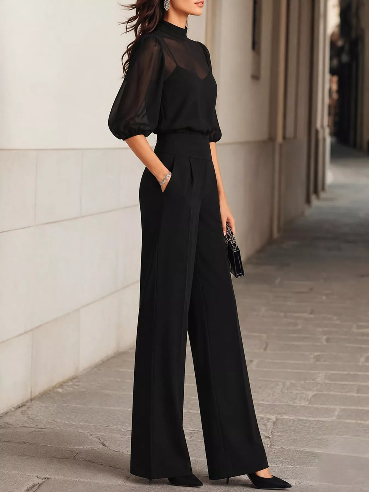 Black mock neck sheer puff-sleeve top and wide-leg pants set, side view