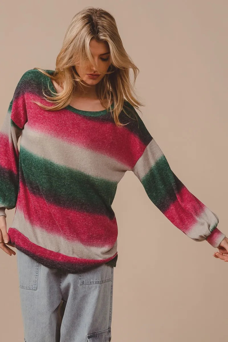 Striped knit top with crew neck and long sleeves; fuchsia, cream, dark green bands