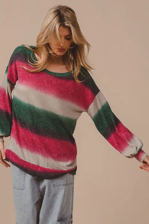 Striped knit top with crew neck and long sleeves; fuchsia, cream, dark green bands