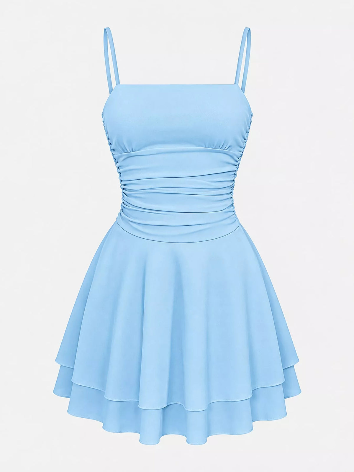Light blue ruched spaghetti-strap mini dress with square neckline and tiered skirt