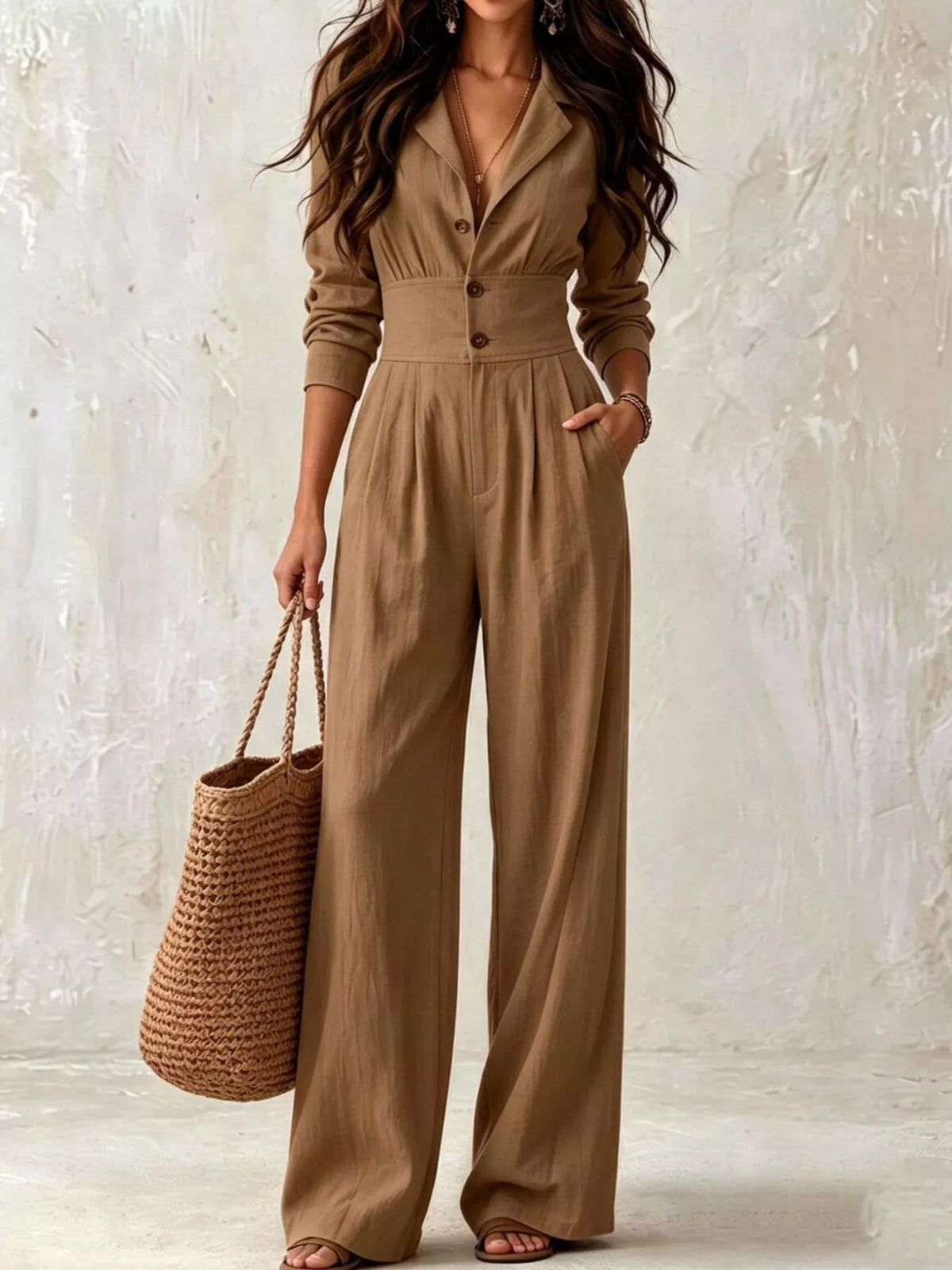 Tan lapel-collar button-front wide-leg jumpsuit, gathered waist, long sleeves