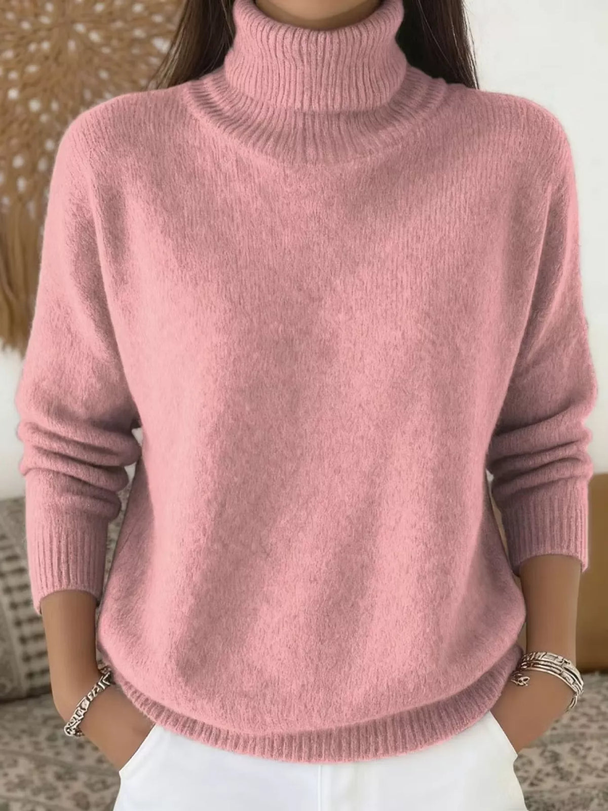 Women's stretchy turtleneck sweater, long sleeve, dusty pink knit with ribbed hem