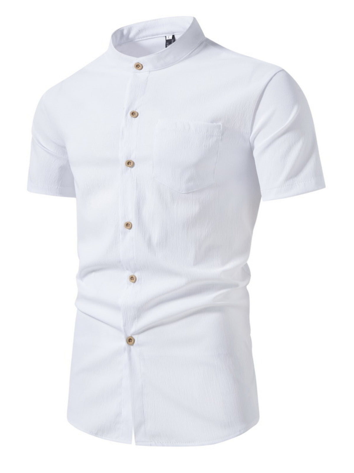 Men's white short-sleeve button-up shirt with chest pocket and tan buttons