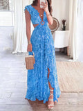 Cedar & Moore Trendsi blue plus-size maxi dress with ruffles, cutout ring detail, V-neck and slit