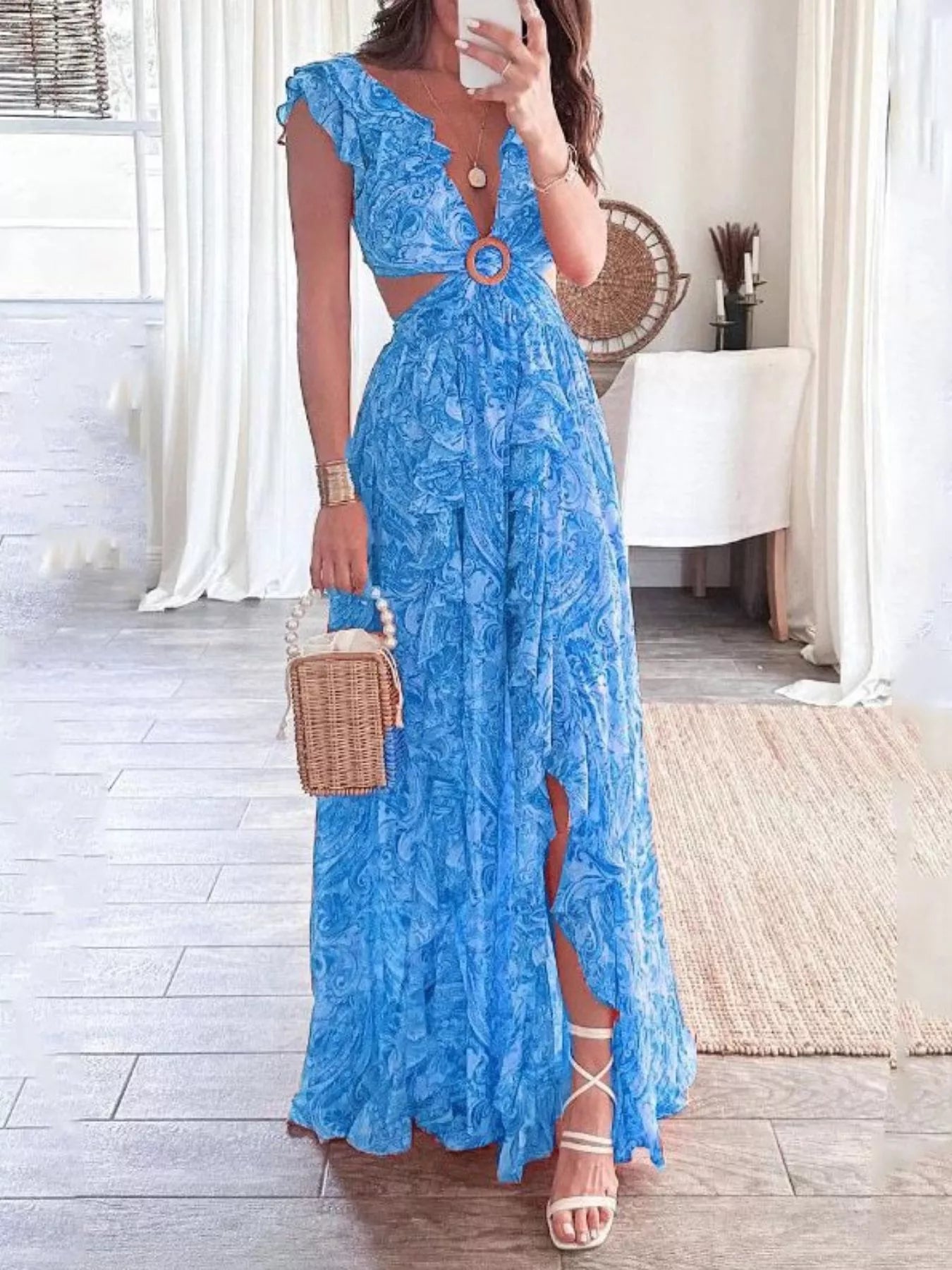 Cedar & Moore Trendsi blue plus-size maxi dress with ruffles, cutout ring detail, V-neck and slit