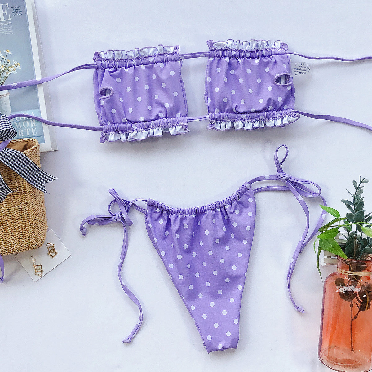 Lavender polka dot ruched bandeau bikini top and side-tie bikini bottom set
