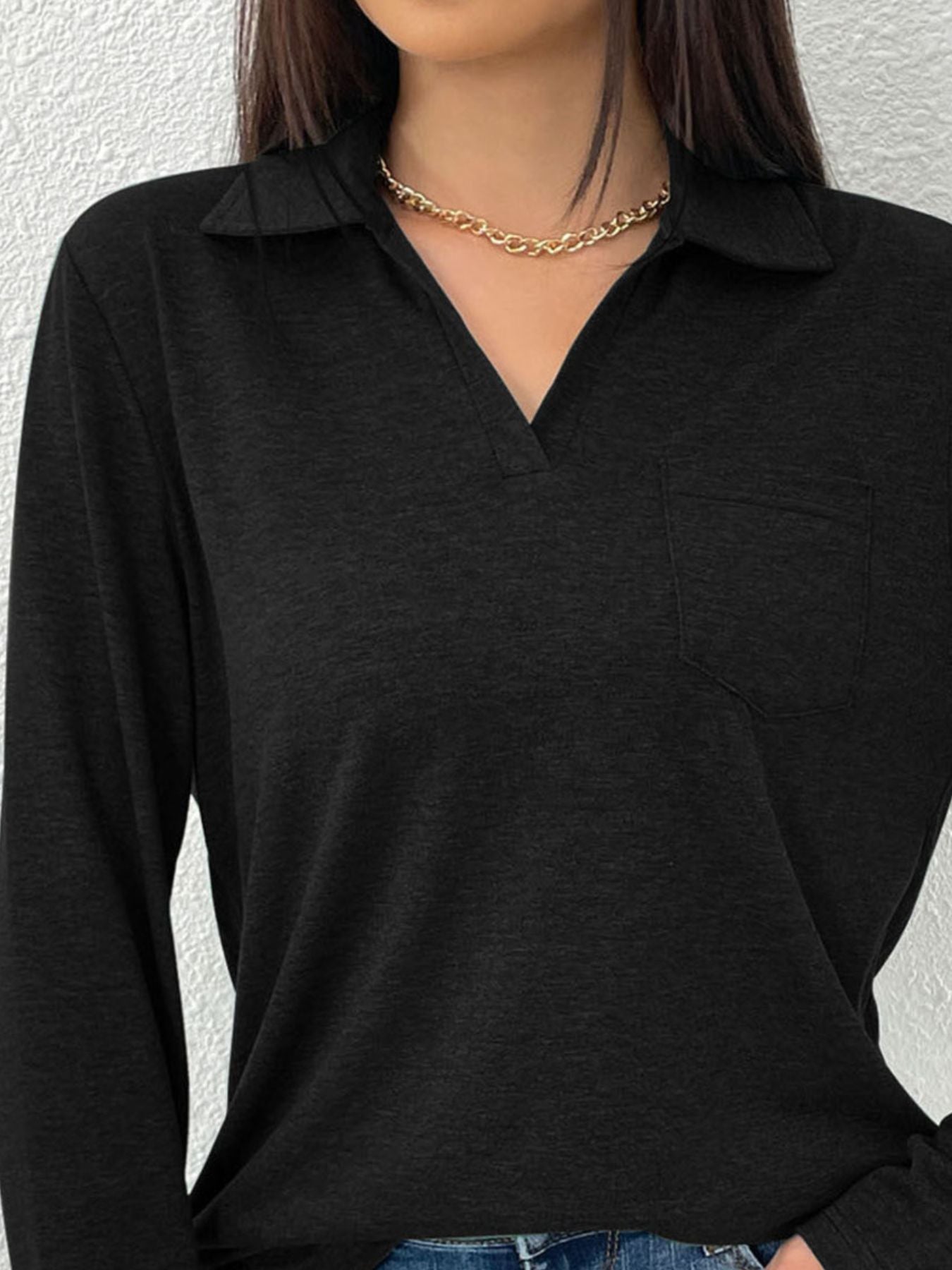 Cedar & Moore Collared Neck Long Sleeve T-shirt in black with chest pocket, Trendsi