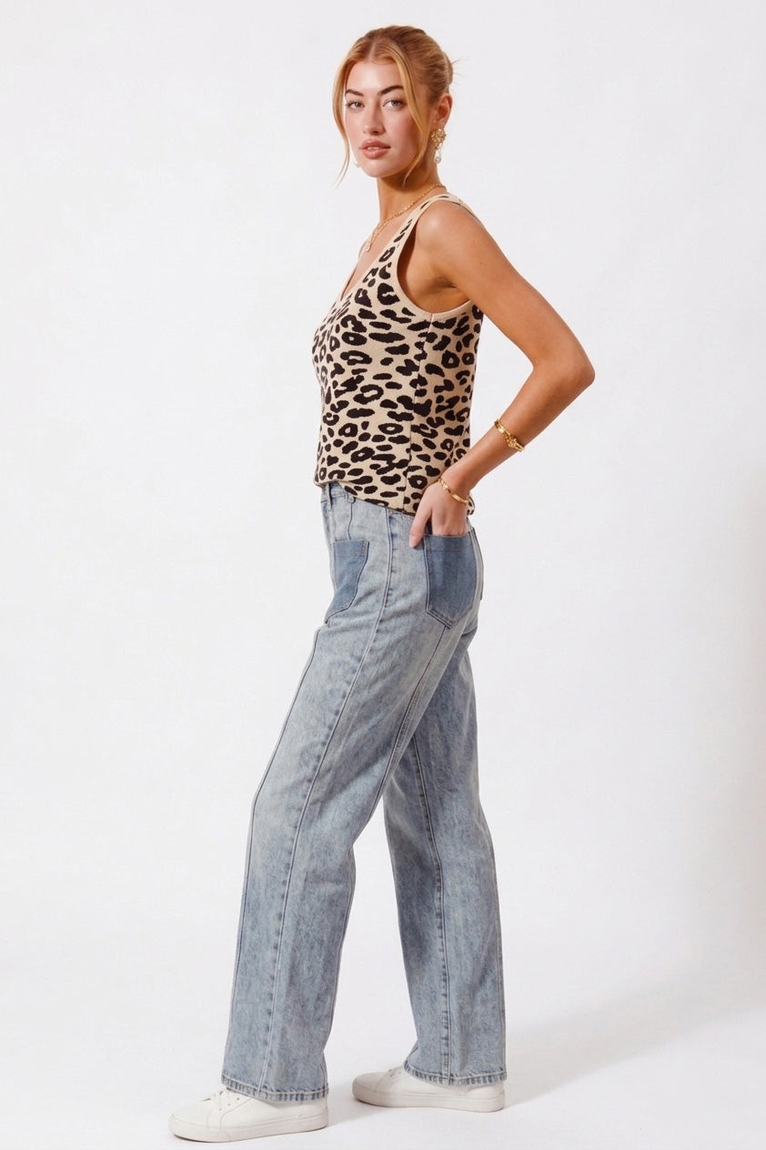 Cedar & Moore Leopard knit lightweight V-neck tank top, beige leopard print, Trendsi.
