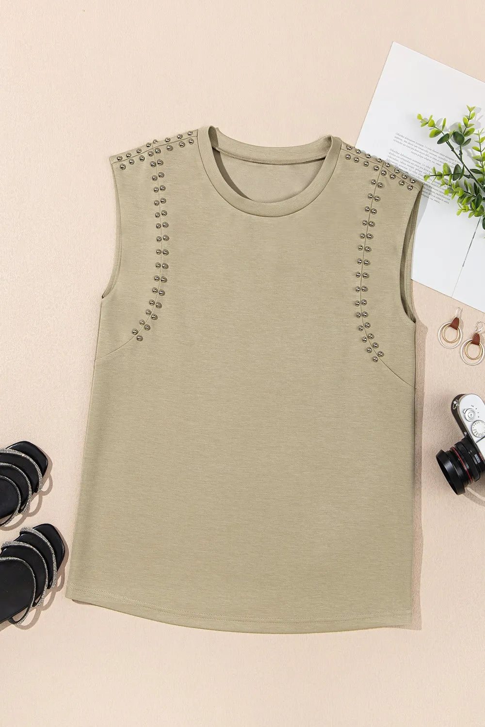 Cedar & Moore Studded Cap Sleeve Round Neck T Shirt in beige stretch fabric with shoulder studs