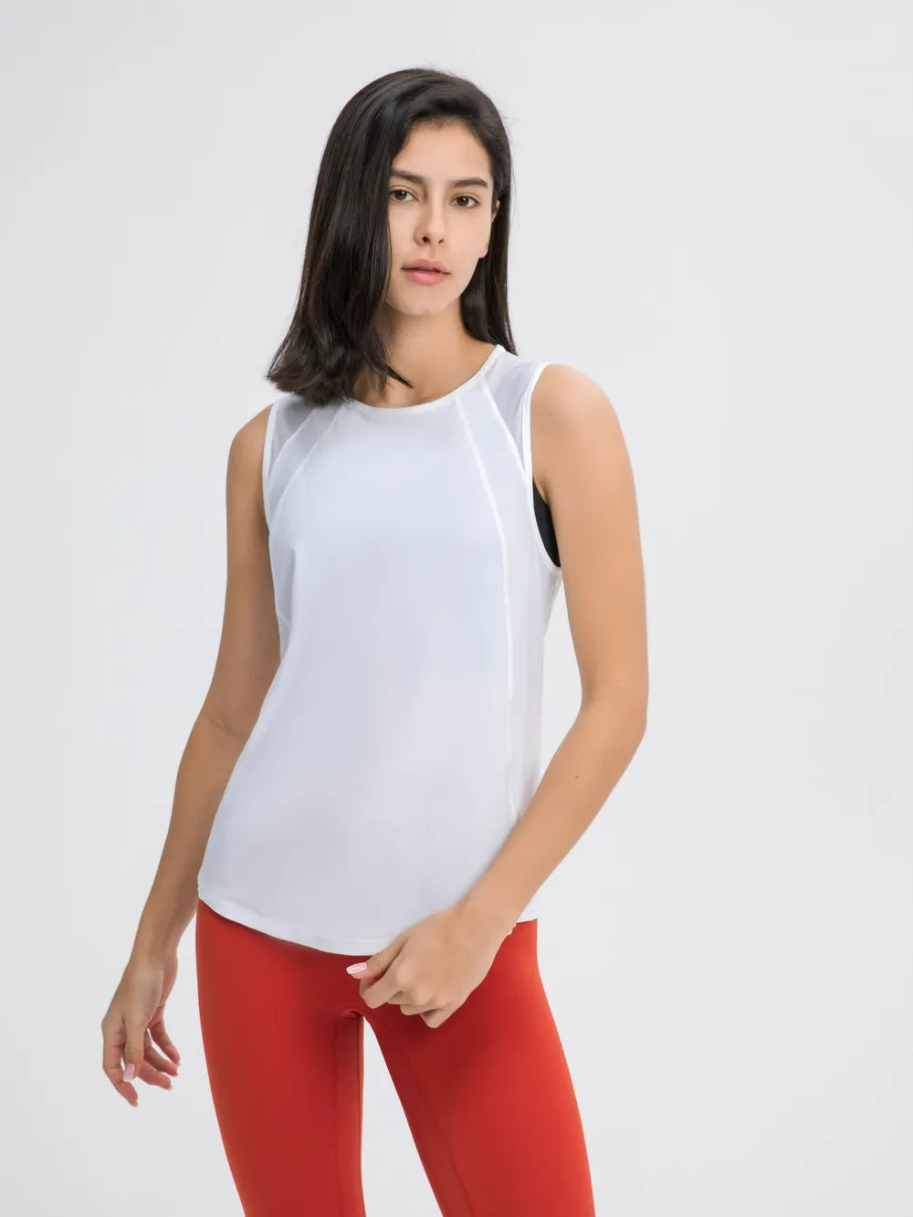 White active tank top with sleeveless crew neck and curved hem