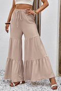 Tan tiered drawstring culottes with wide flared legs