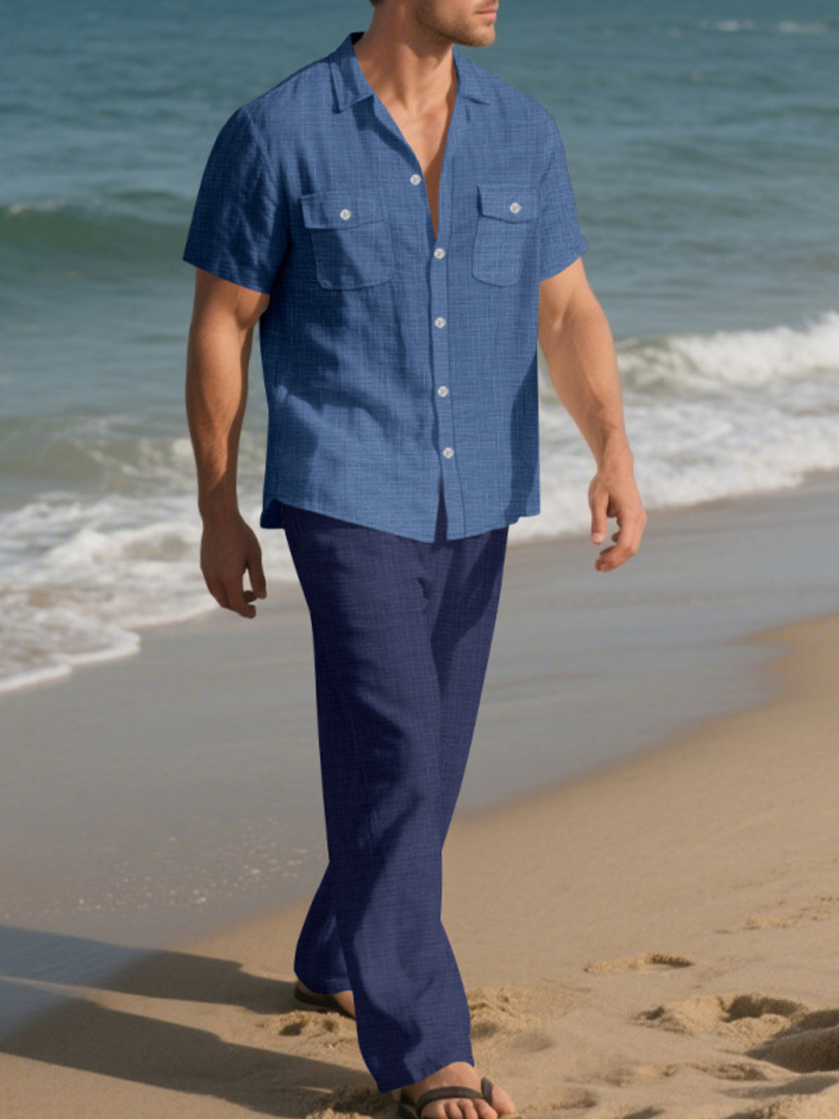 Navy men’s short-sleeve button-up shirt and matching relaxed pants set