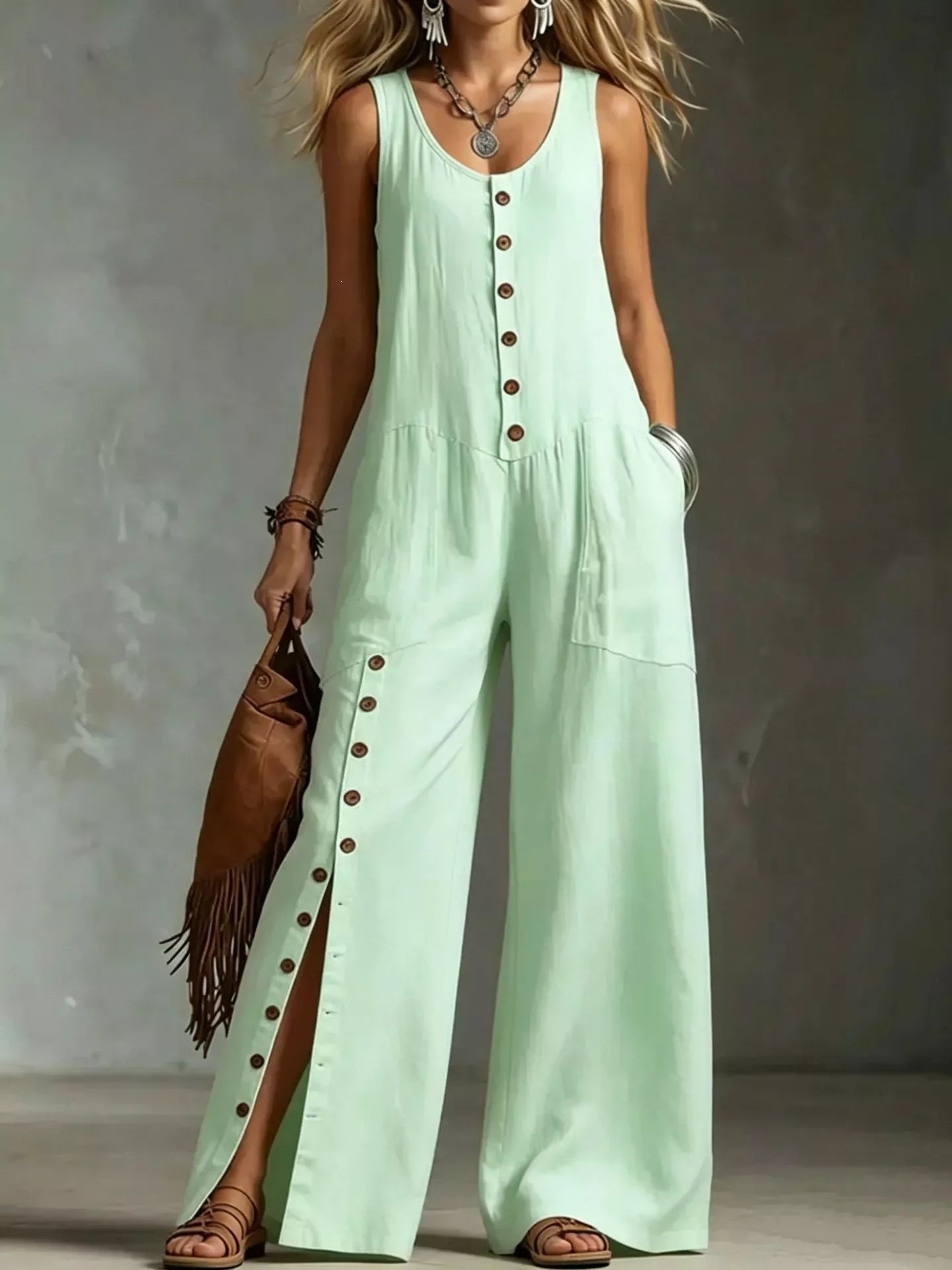 Light green sleeveless button-front wide-leg jumpsuit with front buttons and side pockets