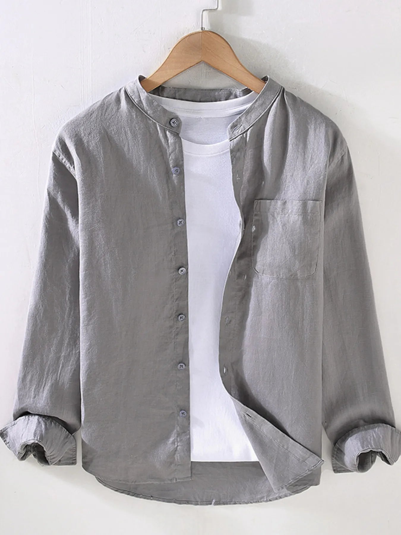 Men's long sleeve button-up shirt in gray with front buttons and chest pocket