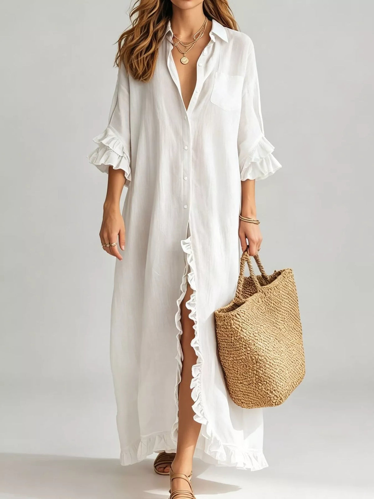 White ruffle-trim button front maxi shirt dress with ruffled sleeves