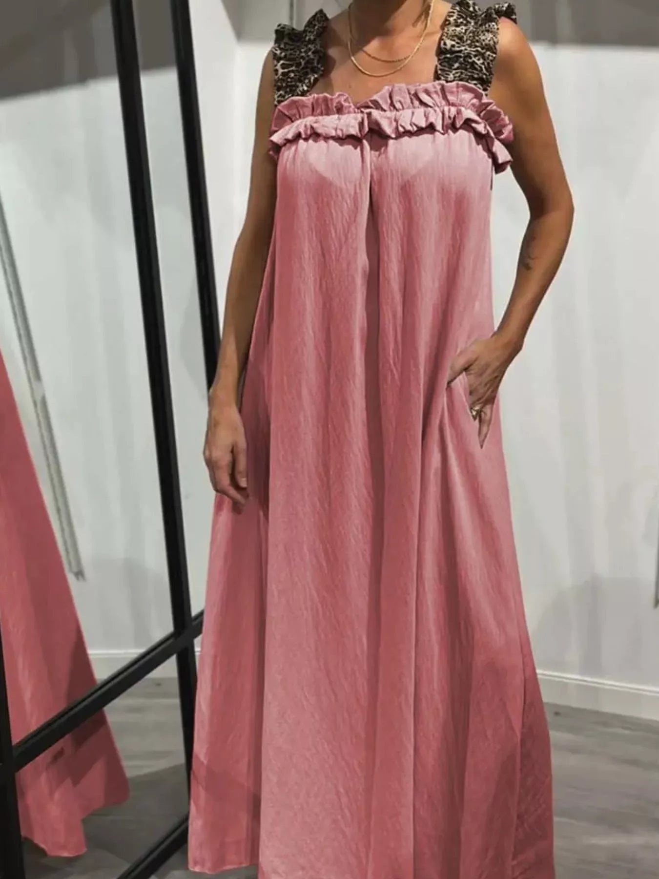 Full Size Ruffled Strap Flowy Maxi Dress Plus Size, pink with leopard-print straps and pockets