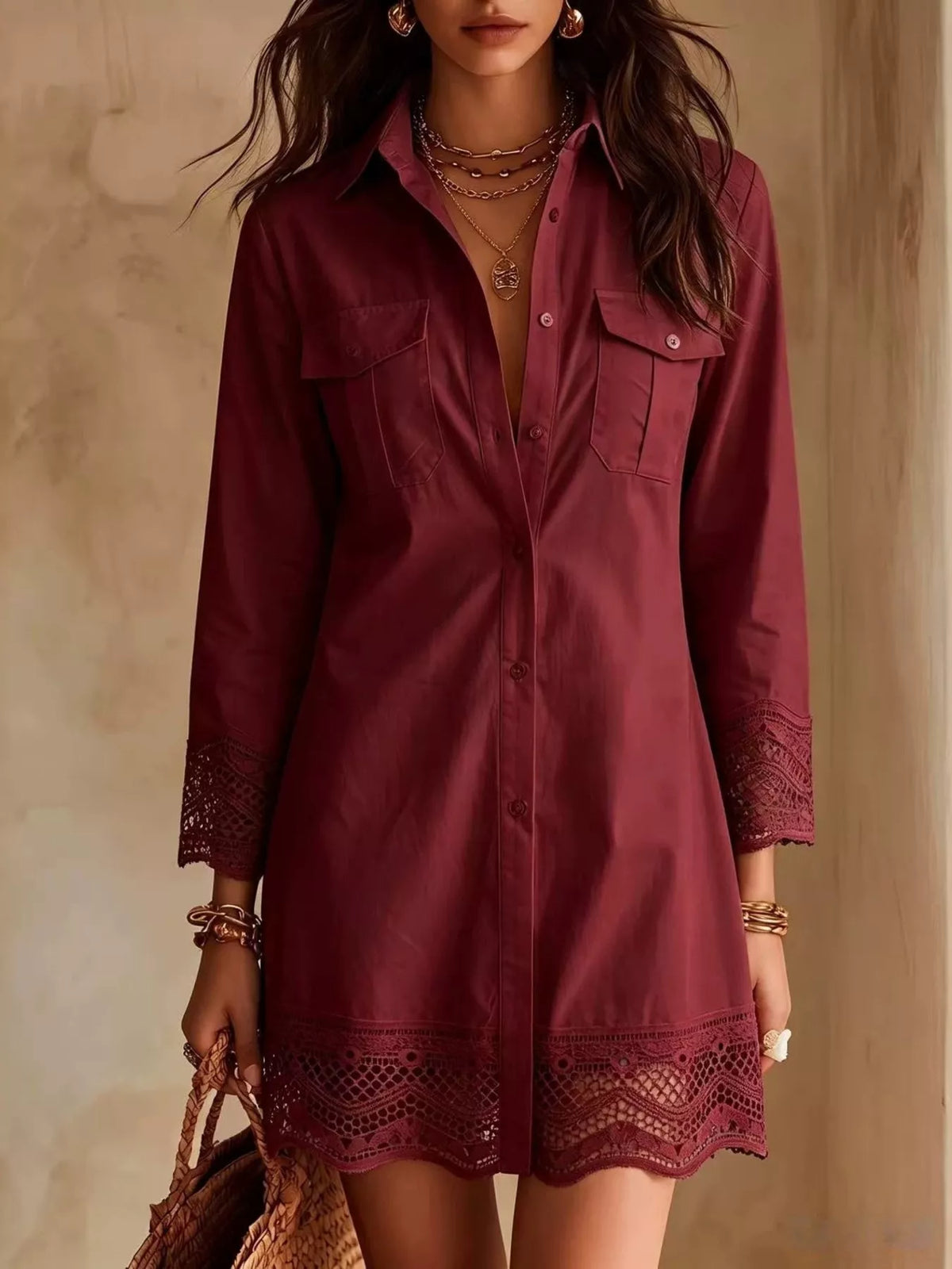 Burgundy button-down shirt dress with lace-trimmed cuffs and hem