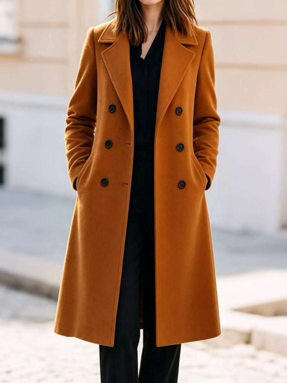 Caramel double-breasted wool coat with notch lapels and metal-button rows