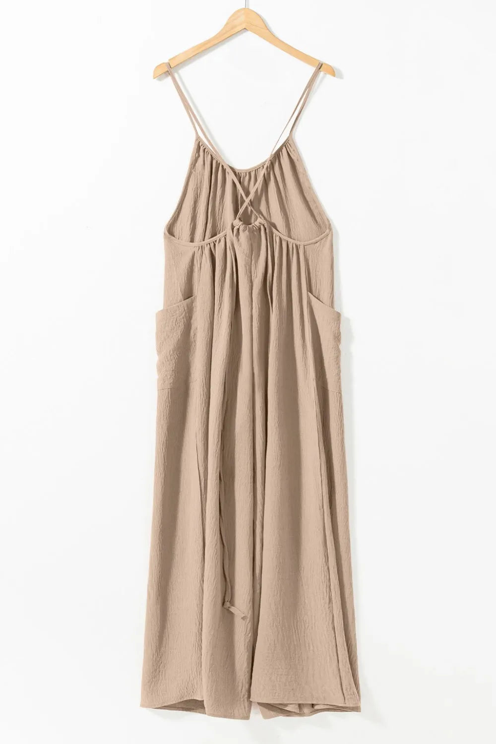 Khaki spaghetti strap wide-leg jumpsuit with tie-waist and pockets
