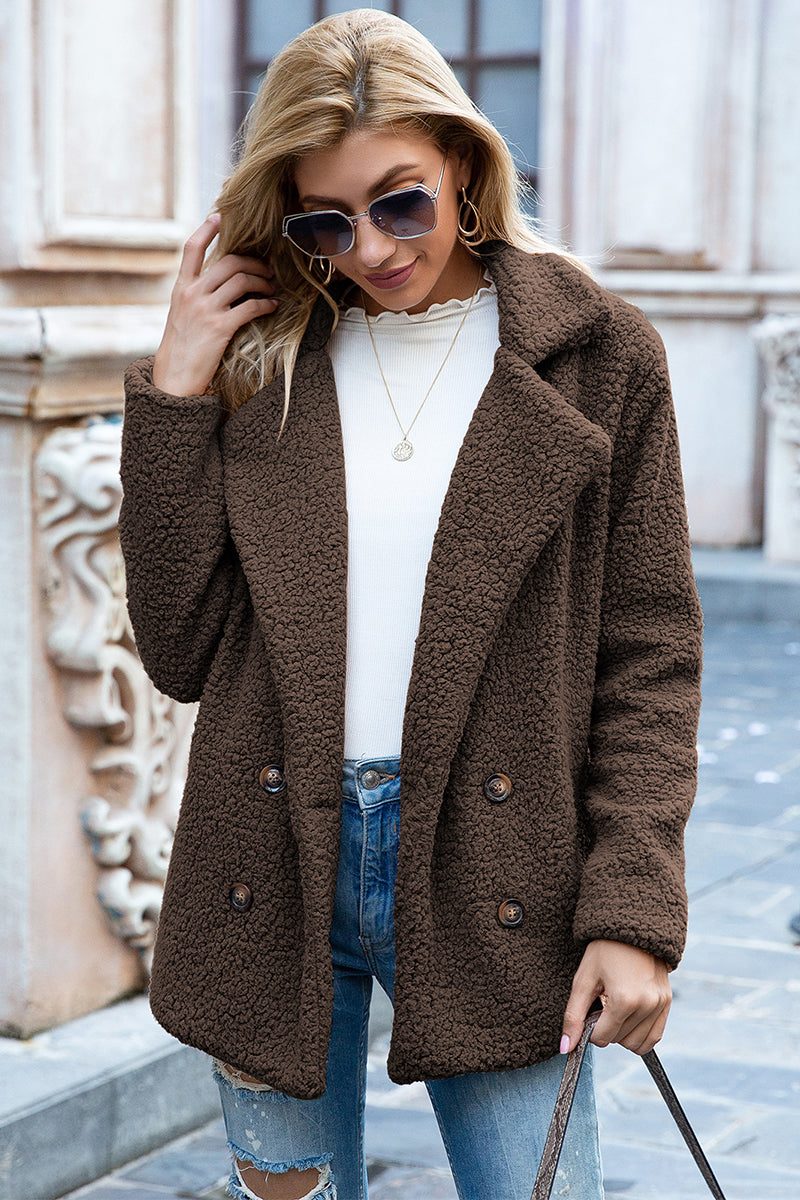 Sherpa lapel collar coat in mocha brown, double-breasted buttons, long sleeves