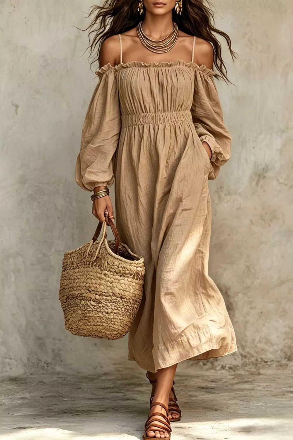 Khaki spaghetti strap balloon sleeve dress with smocked bodice and gathered neckline