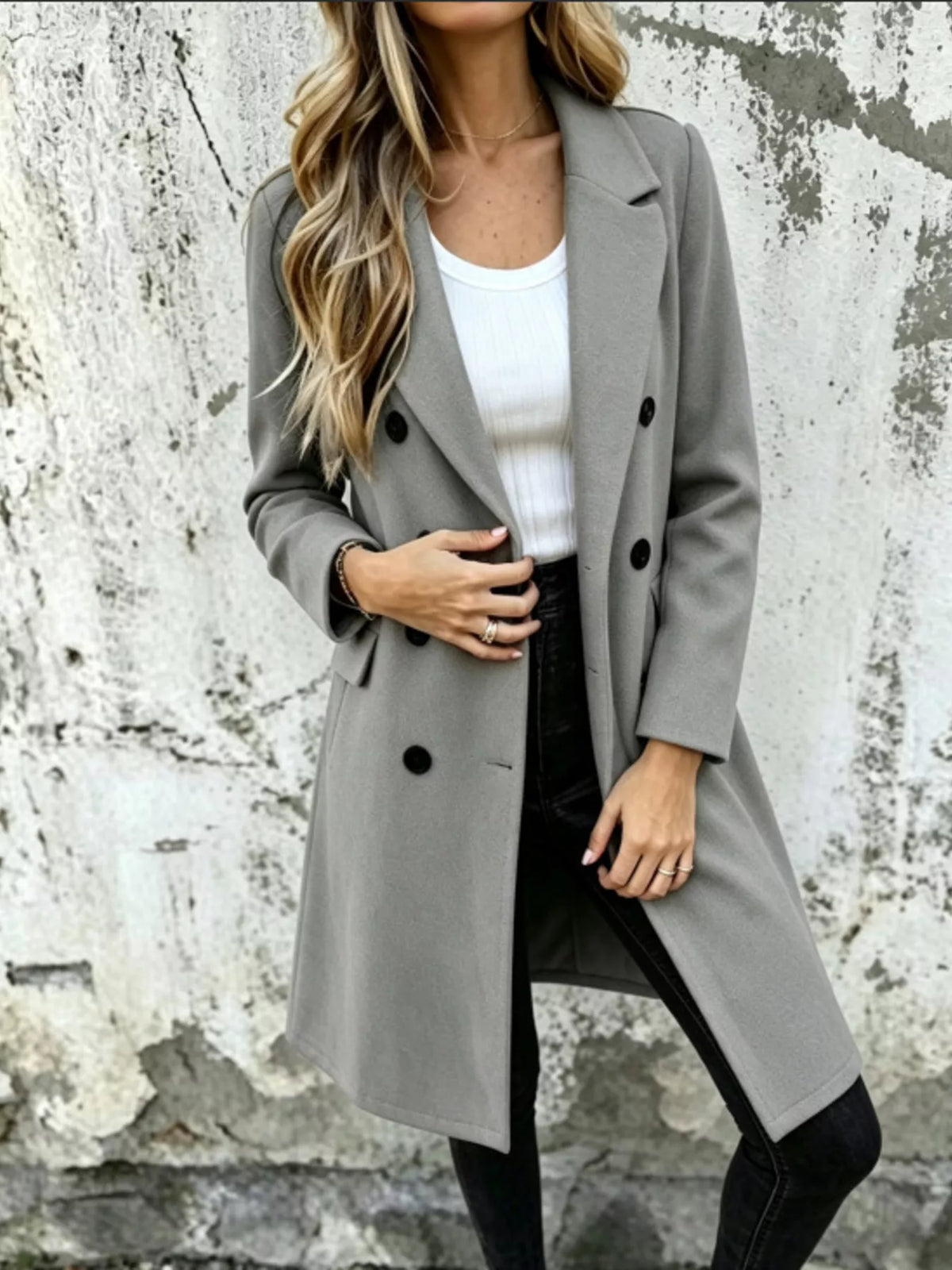 Long double-breasted lapel coat, light gray, dark button front