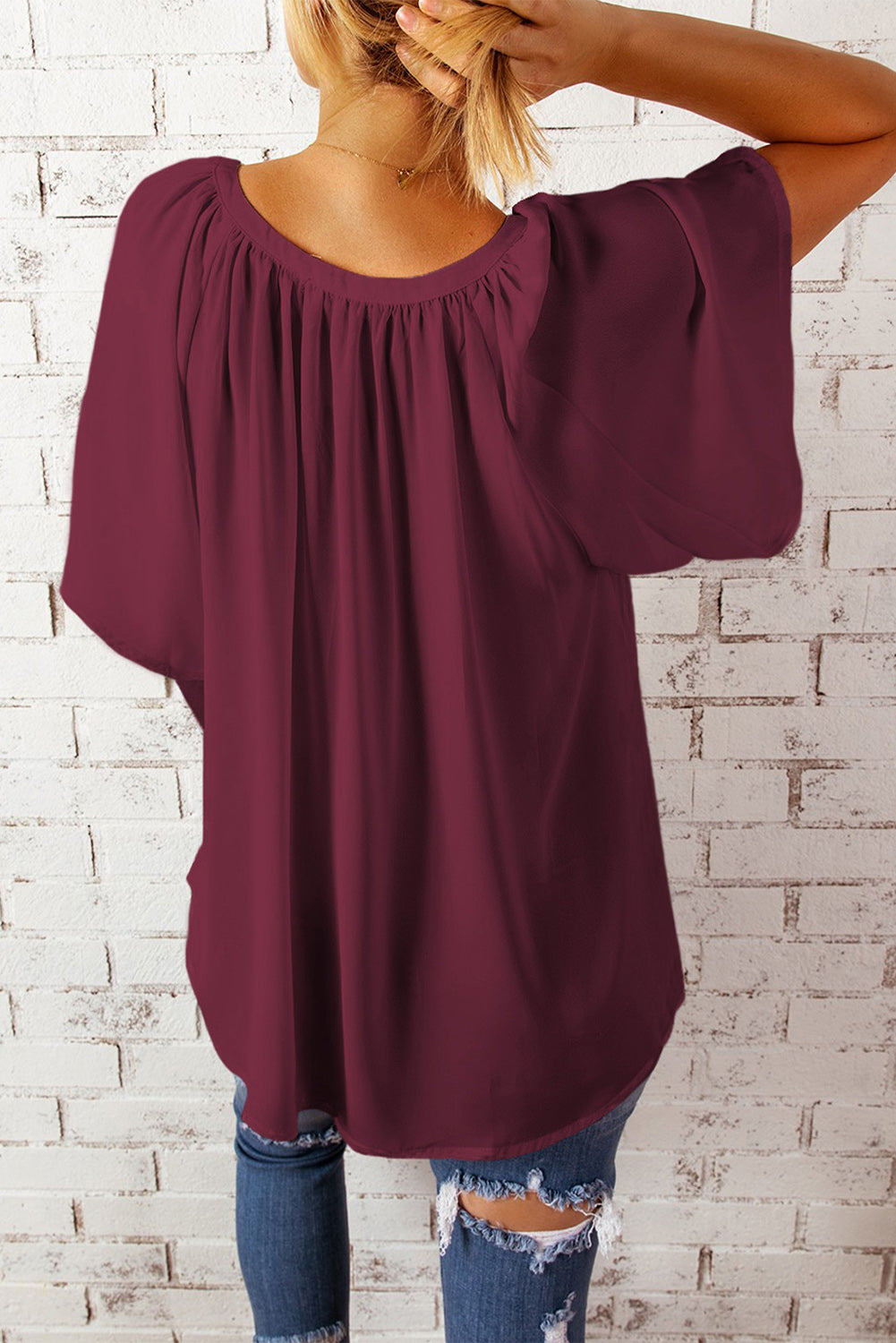Wine notched neck flutter sleeve blouse with gathered yoke