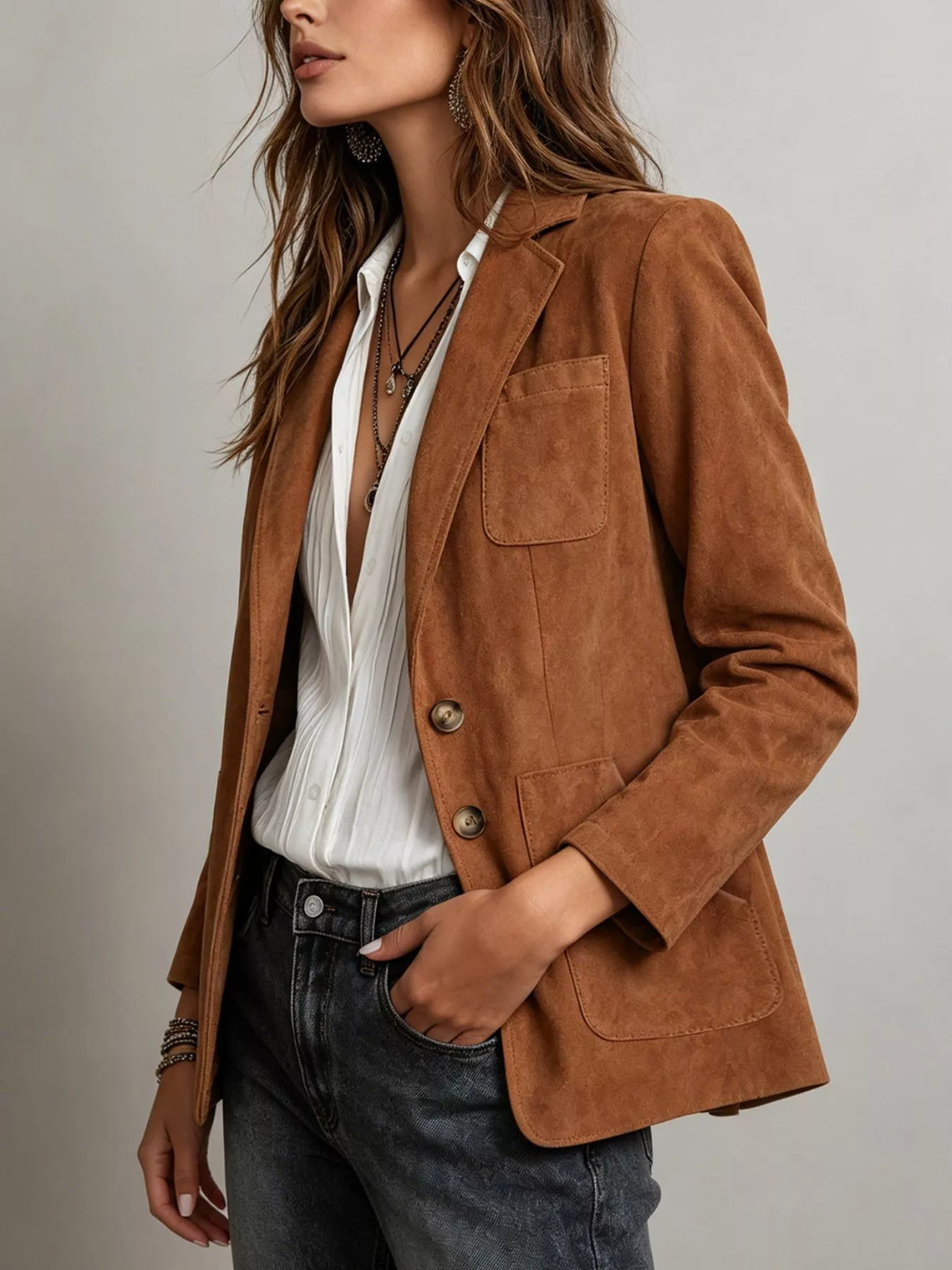 Brown suede single-breasted blazer with flap pockets and two-button closure