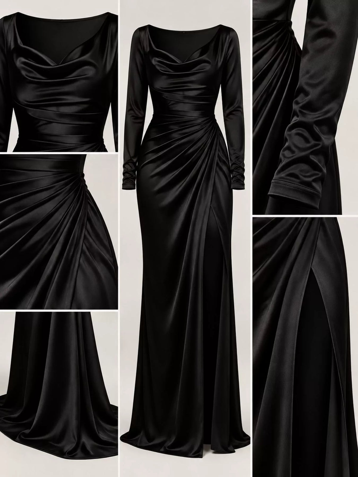 Black satin cowl neck evening maxi dress detail view, long sleeves and high slit