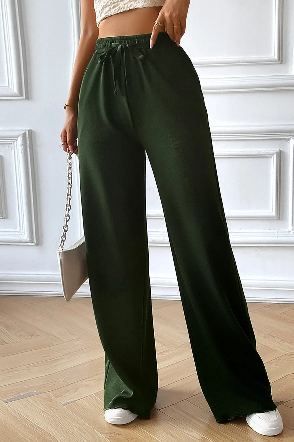 Wide-leg drawstring pants with pockets, dark green, full-length side view