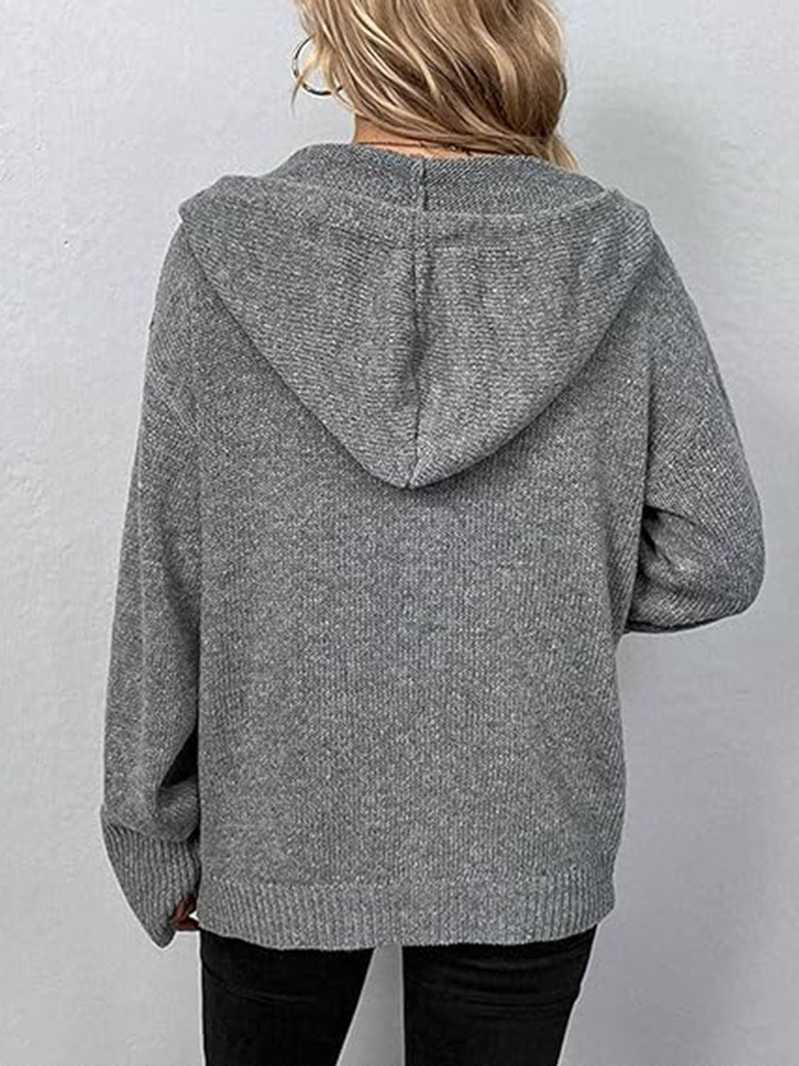 Gray hooded button cardigan, back view with hood and ribbed hem