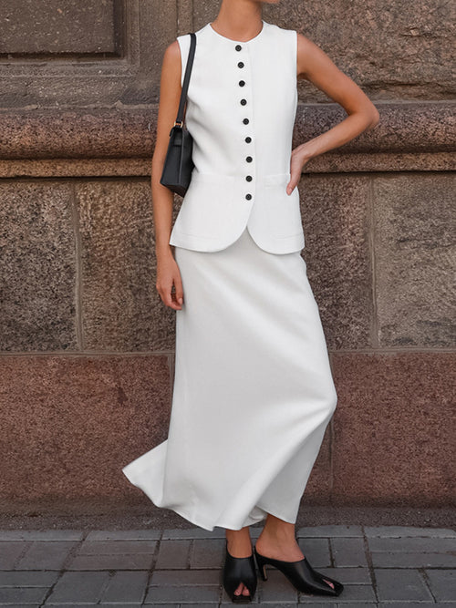 White button-up vest and long maxi skirt set with sleeveless vest