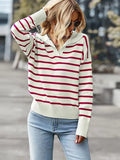 Striped long-sleeve sweater with ribbed cuffs and hem, white with scarlet stripes