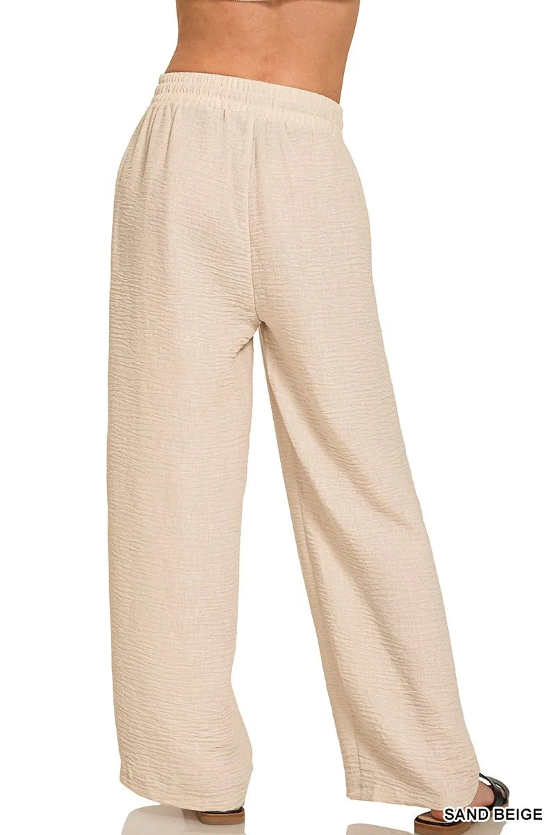 Zenana woven crepe elastic band pants in sand beige, straight wide legs