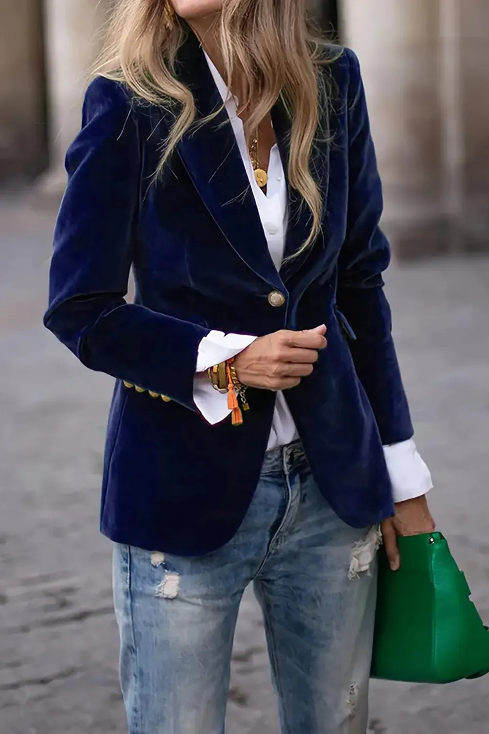 Navy one-button lapel long-sleeve blazer with front button and flap pockets