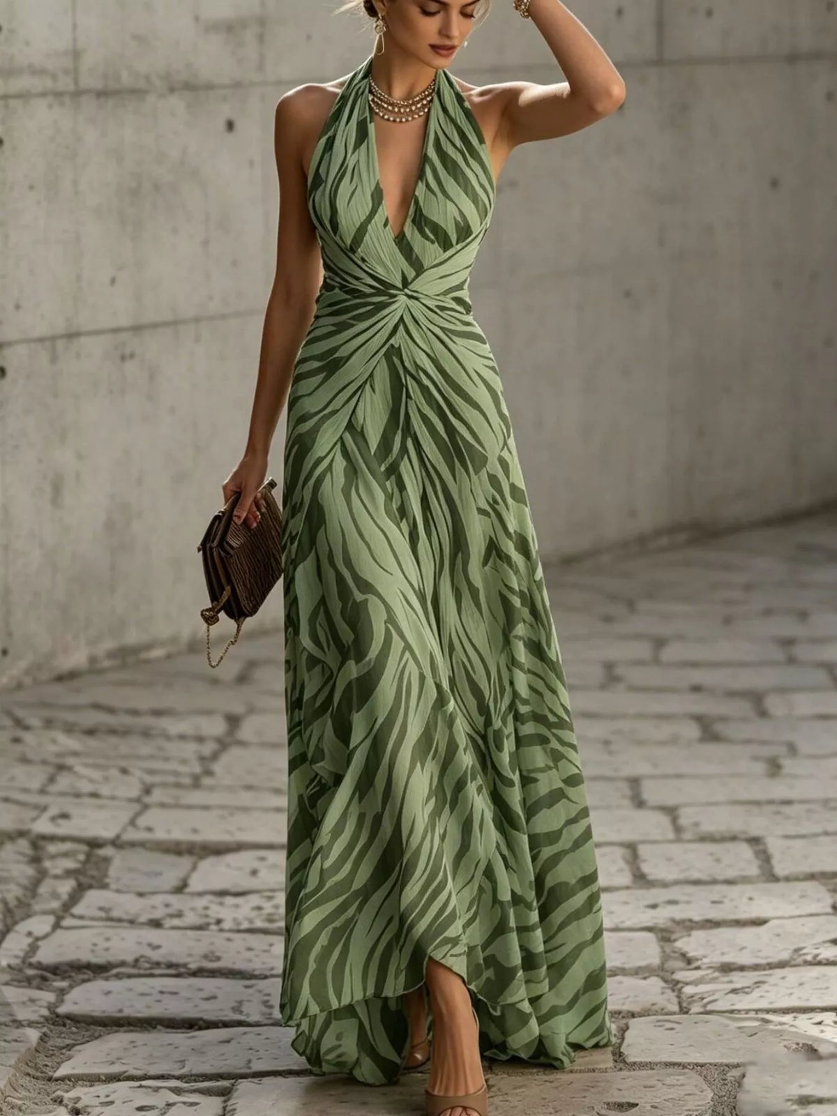 Halter neck ruched twisted maxi dress in moss green with swirl pattern