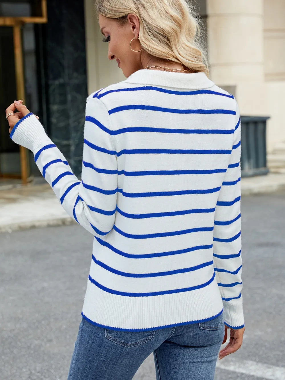 Striped Johnny-collar sweater in white with blue horizontal stripes, back view