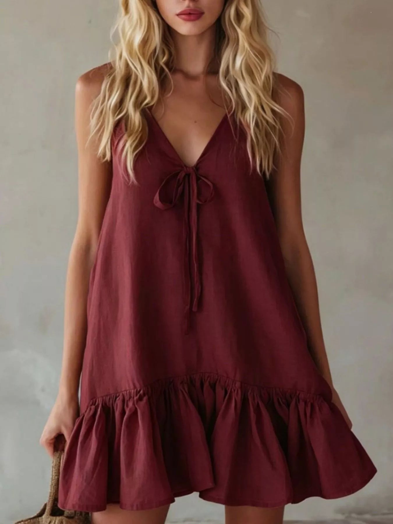 Burgundy V-neck tie-front mini dress with layered ruffle hem