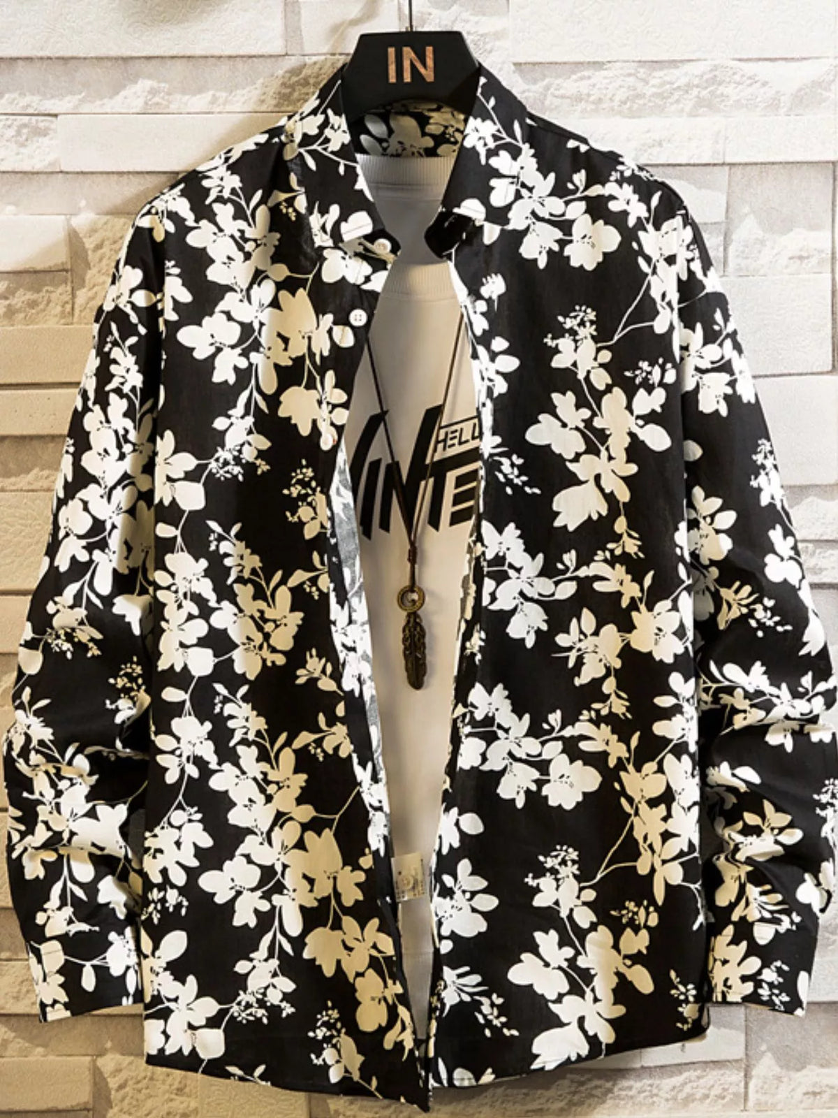 Men's button-up stretch shirt with black and white floral print, long sleeves