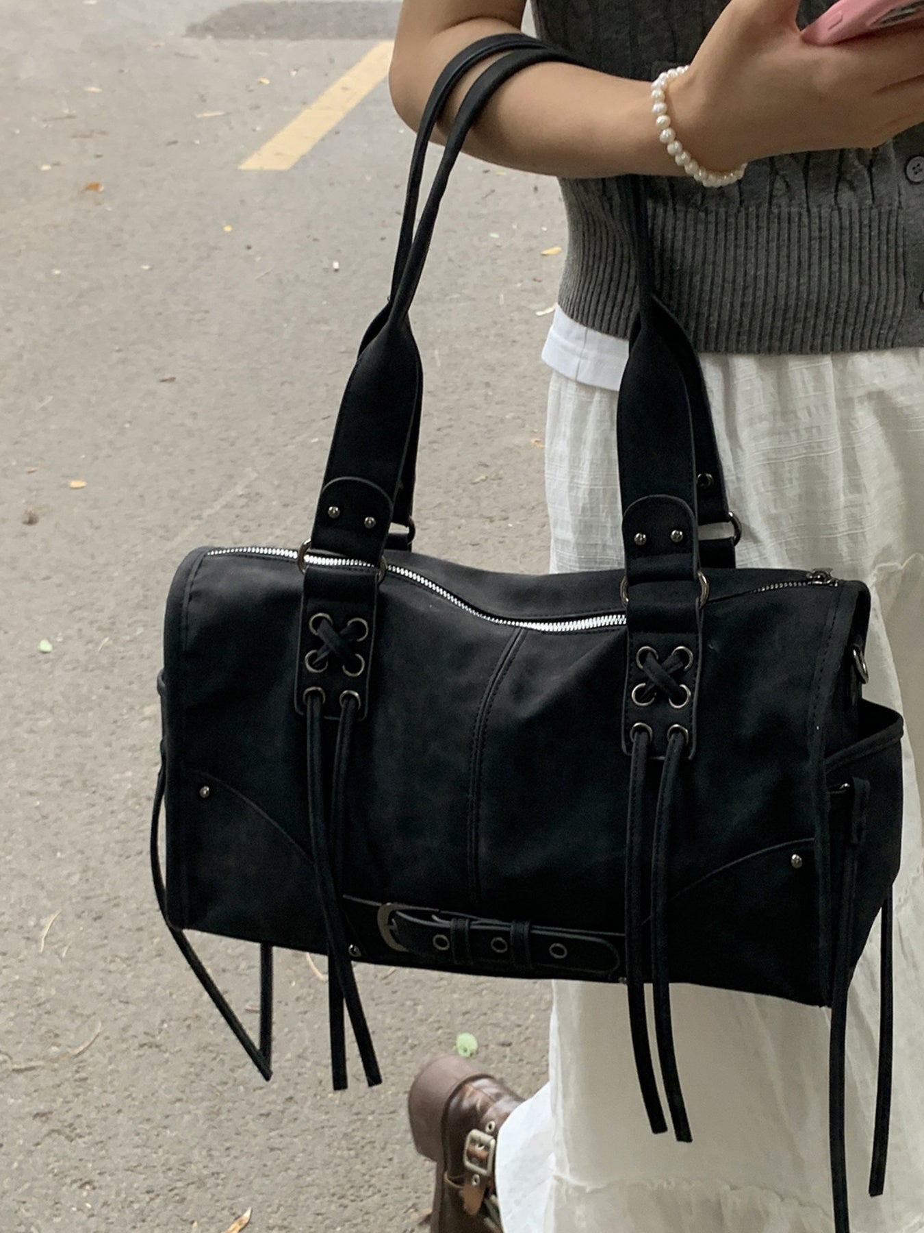 Lace Up Shoulder Bag, black PU, medium size with lace-up strap accents