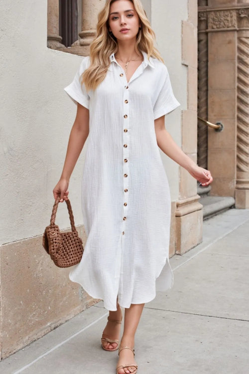 White button-front short-sleeve midi shirt dress with point collar and gold buttons