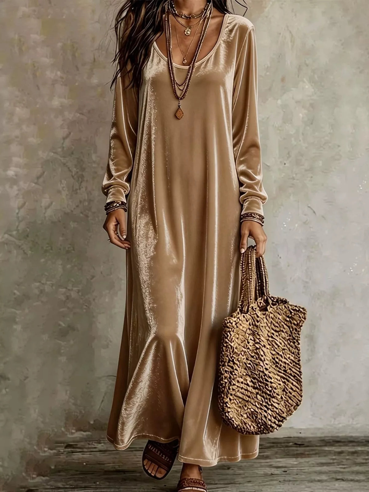 Soft stretch velvet long-sleeve maxi dress in champagne gold, scoop neckline and long flared hem