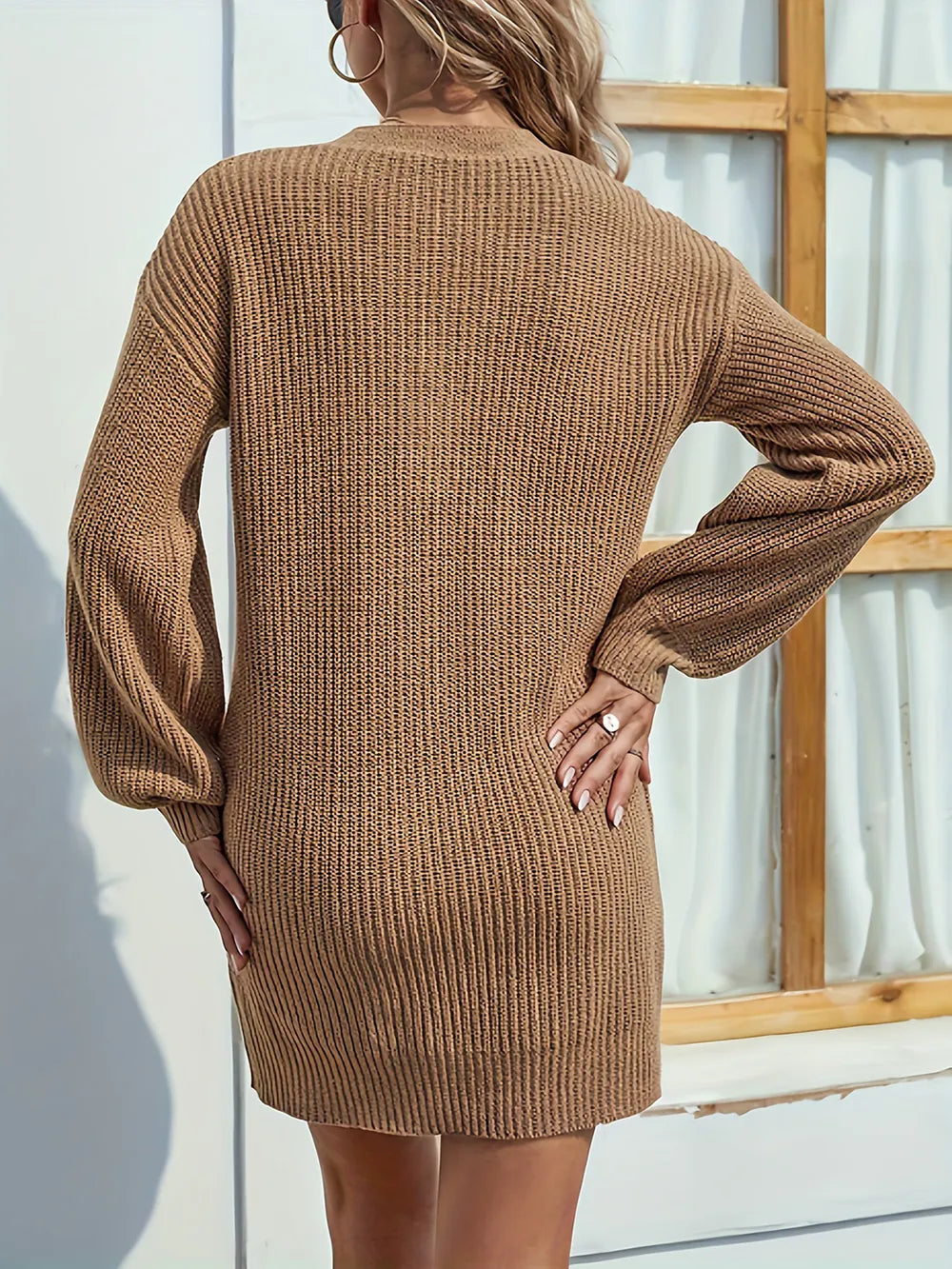 Camel knit mini sweater dress, long sleeves and back knit texture